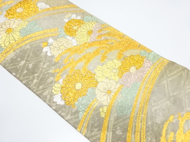 荒波に菊・八重桜模様織り出し　袋帯